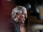 Senate Minority Leader Mitch McConnell, R-Ky., holds an end-of-the-year news conference, at the Capitol in Washington, Thursday, Dec. 16, 2021. (AP Photo/J.