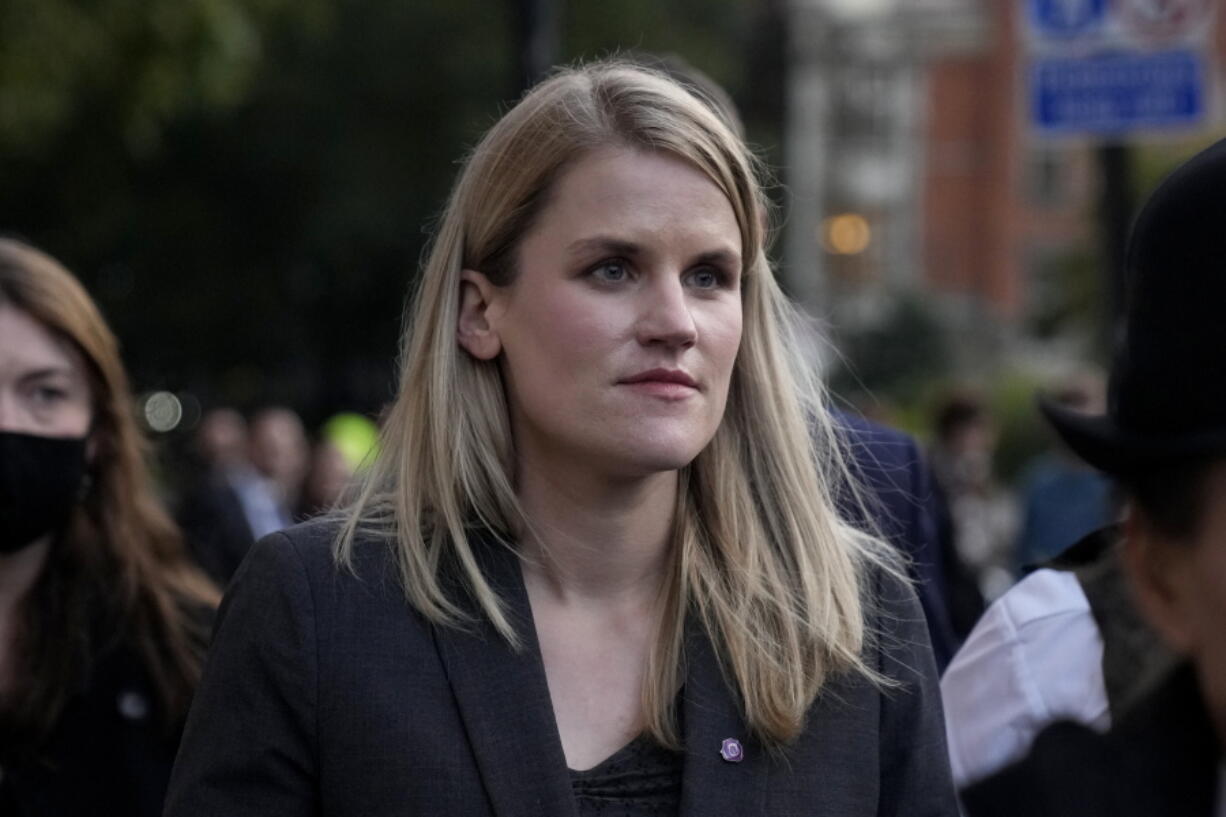 FILE - Facebook whistleblower Frances Haugen leaves after giving evidence to the joint committee for the Draft Online Safety Bill, as part of British government plans for social media regulation, at the Houses of Parliament, in London, Monday, Oct. 25, 2021. After Haugen revealed Facebook's failings to curb online hate and extremism and protect young users from harmful content, U.S. lawmakers are putting forward proposals to curb social media giants by limiting their free-speech protections against legal liability.