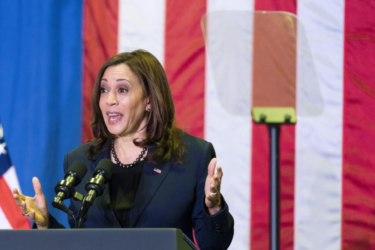 Vice President Kamala Harris speaks to the AFL-CIO about union jobs and building infrastructure, Thursday, Dec. 16, 2021, in Washington.