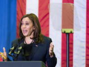 Vice President Kamala Harris speaks to the AFL-CIO about union jobs and building infrastructure, Thursday, Dec. 16, 2021, in Washington.