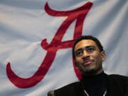 Heisman Trophy finalist Alabama quarterback Bryce Young speaks with members of the media before attending the Heisman Trophy award ceremony, Saturday, Dec. 11, 2021, in New York.