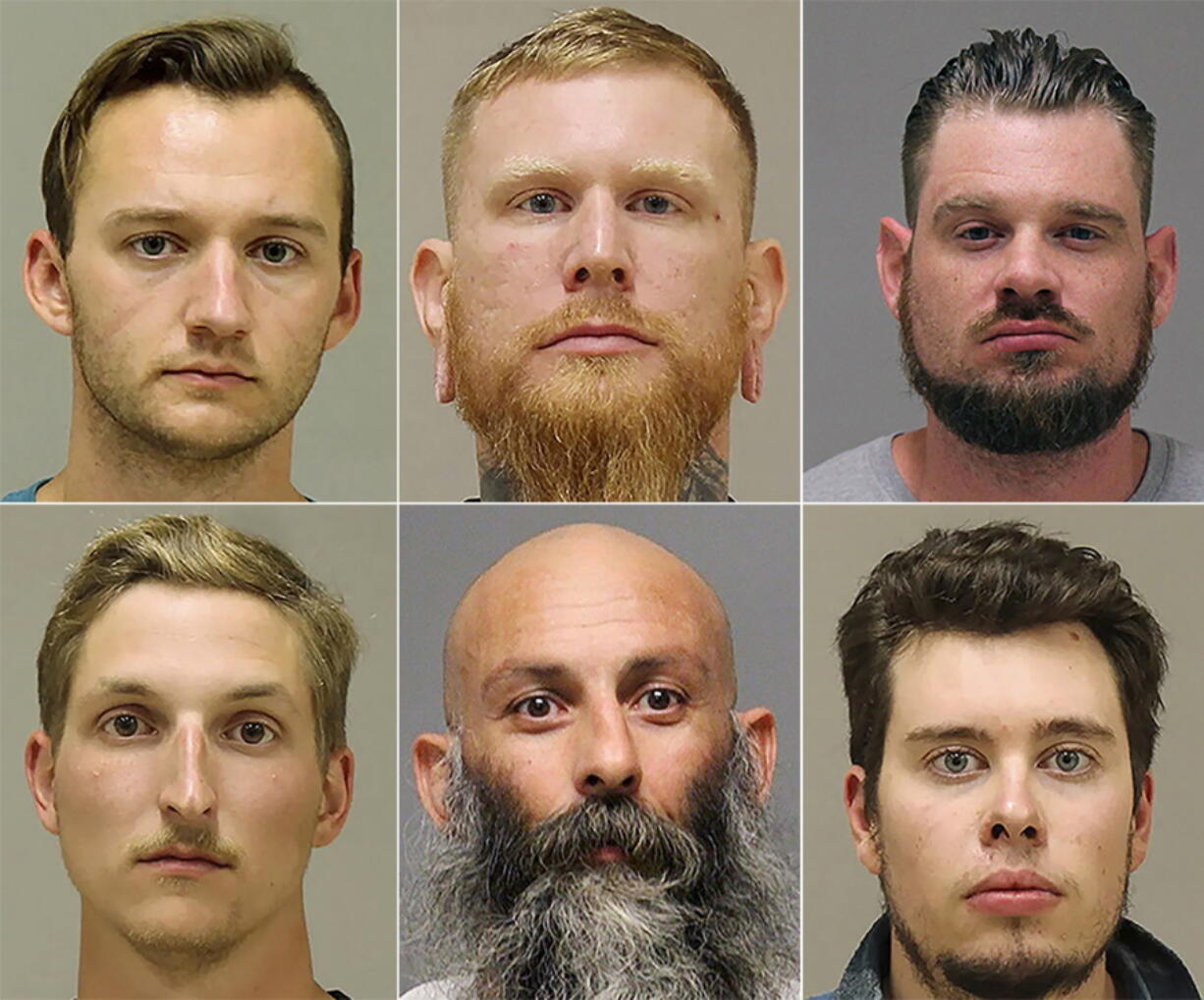 FILE - This photo combo shows from top left, Kaleb Franks, Brandon Caserta, Adam Dean Fox, and bottom left, Daniel Harris, Barry Croft, and Ty Garbin.  Defense attorneys have sought to dismiss the indictment against five men accused of plotting to kidnap Gov. Gretchen Whitmer because of what they describe as "egregious overreaching" by federal agents and informants. The Detroit News reports that defense attorneys filed a 20-page motion on Saturday, Dec. 25, 2021.