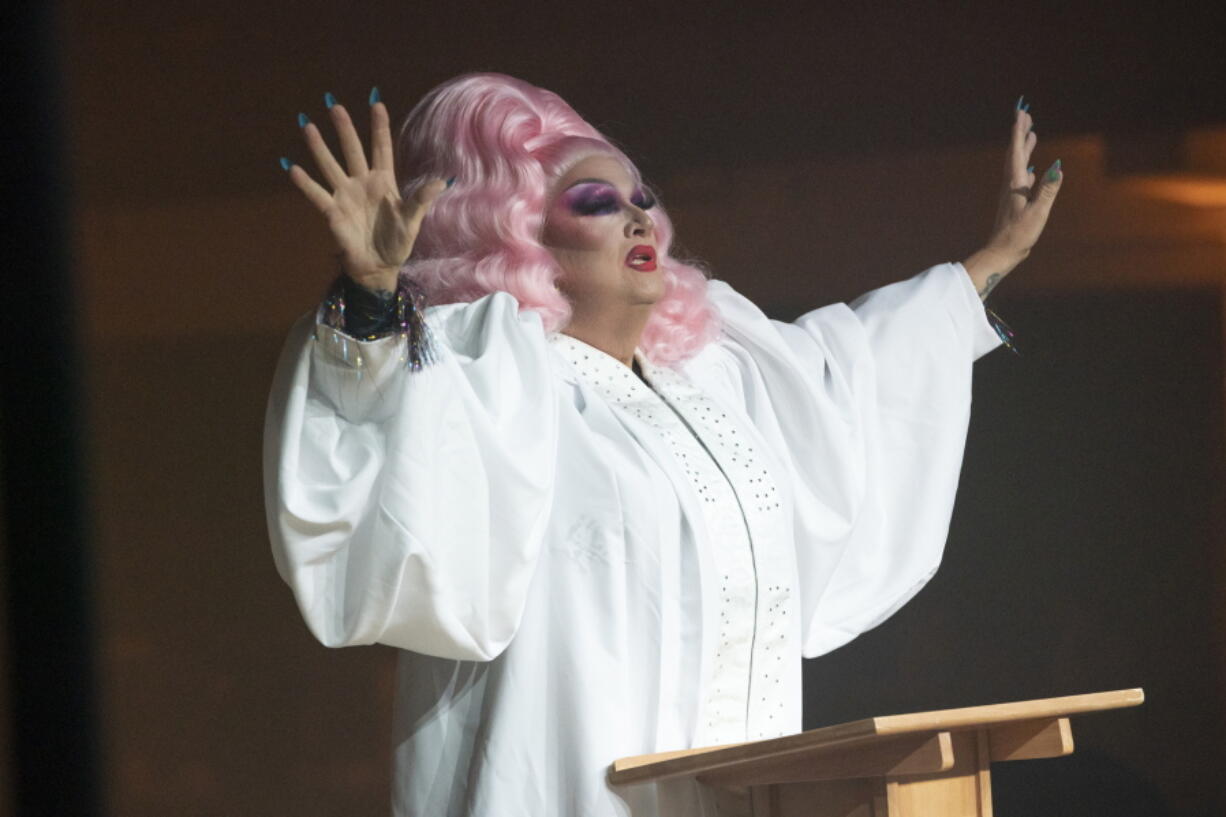 This image released by HBO shows Pastor Craig Duke, of Newburgh, Ind., appearing in drag in a scene from the HBO series "We're Here." Duke's pastoral duties have been terminated - the result of a bitter rift surfacing in his Indiana church after he sought to demonstrate solidarity by appearing in drag alongside prominent drag queens in the reality show.