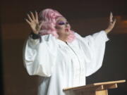 This image released by HBO shows Pastor Craig Duke, of Newburgh, Ind., appearing in drag in a scene from the HBO series "We're Here." Duke's pastoral duties have been terminated - the result of a bitter rift surfacing in his Indiana church after he sought to demonstrate solidarity by appearing in drag alongside prominent drag queens in the reality show.