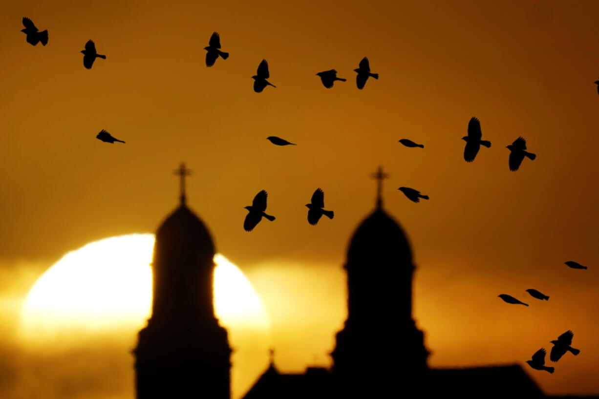 A flock of birds fly past a Catholic church as the sun rises Jan. 1 in Damar, Kan. For Christian birdwatchers -- or to use a phrase coined by theologian John Stott, "ornitheologists" -- birding is a kind of worship.