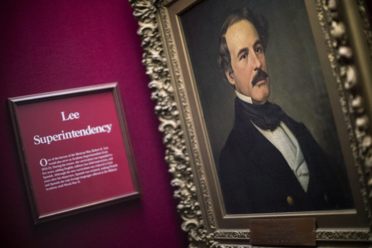 A painting of Confederate Gen. Robert E. Lee is displayed at West Point Museum, Saturday, Nov. 20, 2021, in West Point, N.Y. The tributes to Lee on the West Point campus illustrate the academy's dichotomy: The cadets who study military history are taught that Confederate soldiers were no heroes, yet the references to Lee who graduated from West Point remain. (AP Photo/Eduardo Munoz Alvarez) (U.S.