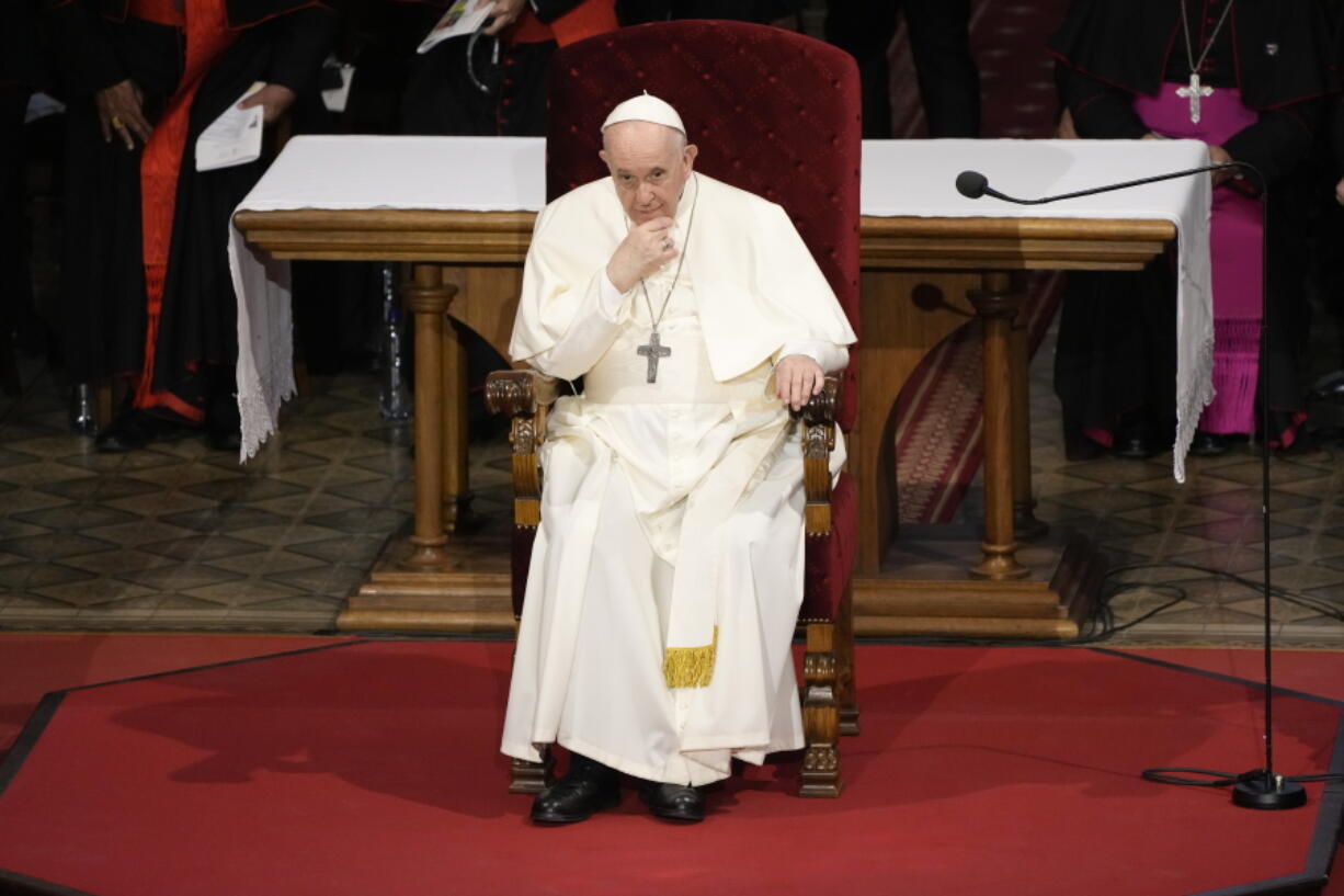 FILE - Pope Francis attends a meeting with priests, religious men and women, seminarians and catechists, at the Cathedral of Saint Martin, in Bratislava, Slovakia, Sept. 13, 2021. Pope Francis is celebrating his 85th birthday Friday, Dec. 17, 2021, a milestone made even more remarkable given the coronavirus pandemic, his summertime intestinal surgery and the weight of history: His predecessor retired at this age and the last pope to have lived any longer was Leo XIII over a century ago.