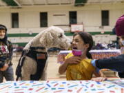 Leanna Arcila, 7, is licked by Watson, a therapy dog with the Pawtucket police department, as she receives her COVID-19 vaccination from Dr. Eugenio Fernandez at Nathanael Greene Elementary School in Pawtucket, R.I., Tuesday, Dec. 7, 2021. Even as the U.S. reaches a COVID-19 milestone of roughly 200 million fully-vaccinated people, infections and hospitalizations are spiking, including in highly-vaccinated pockets of the country like New England.