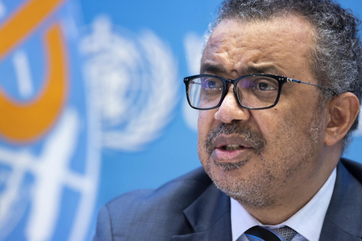 Tedros Adhanom Ghebreyesus, Director General of the World Health Organization (WHO), talks to the media regarding the coronavirus COVID-19 and WHO's global health priorities in 2022, during a new press conference, at the World Health Organization (WHO) headquarters in Geneva, Switzerland, Monday, Dec.  20, 2021.