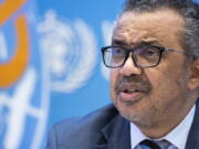 Tedros Adhanom Ghebreyesus, Director General of the World Health Organization (WHO), talks to the media regarding the coronavirus COVID-19 and WHO's global health priorities in 2022, during a new press conference, at the World Health Organization (WHO) headquarters in Geneva, Switzerland, Monday, Dec.  20, 2021.