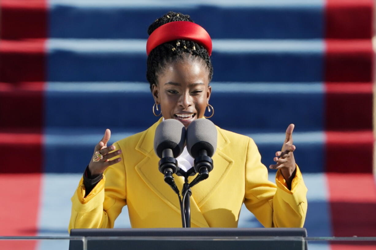 Poet Amanda Gorman reads her commissioned poem "The Hill We Climb" during the 59th Presidential Inauguration at the U.S. Capitol in Washington on Jan. 20.