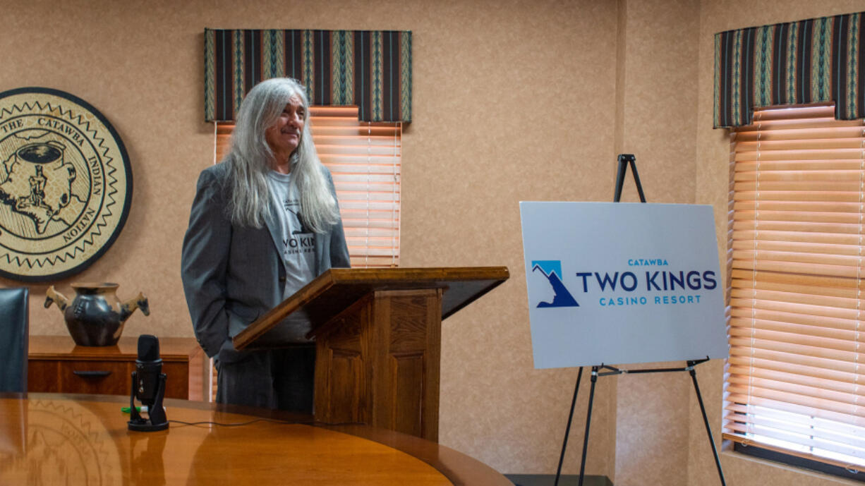 Chief Bill Harris of the Catawba Nation presents the name and logo of the Two Kings Casino Resort to tribal citizens in a brand announcement ceremony.