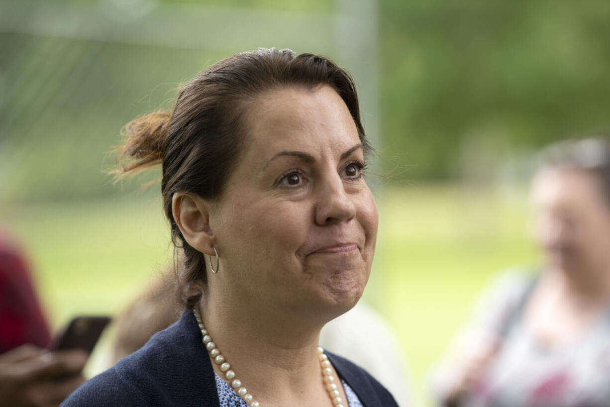 Sen. Ann Rivers talks one-on-one with voters at Felida Park on Thursday afternoon, June 10, 2021.