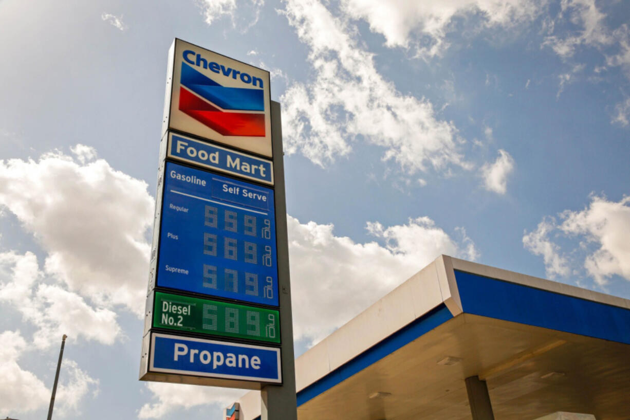 High gas prices at the Chevron gas station located at East Cesar Chavez Ave and North Alameda Street in Los Angeles, California on Tuesday, March 9, 2021.