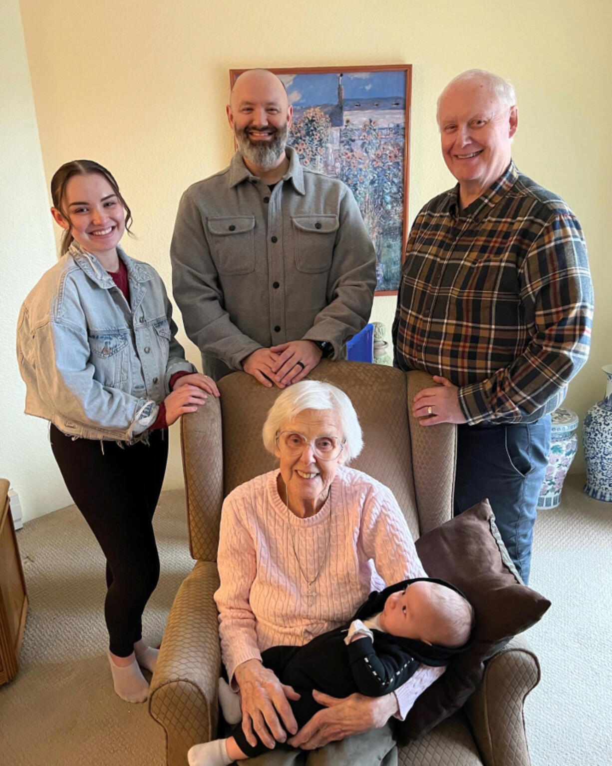 Great-great-grandmother Virginia Swanger, 90, holds Jacob, 2 months, with mother Eve, 20, grandfather Geoff, 45, and great-grandfather Jim, 67, standing behind them.