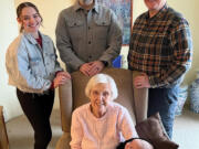 Great-great-grandmother Virginia Swanger, 90, holds Jacob, 2 months, with mother Eve, 20, grandfather Geoff, 45, and great-grandfather Jim, 67, standing behind them.