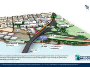 A conceptual design shows one way the Interstate 5 Bridge replacement could look passing through Vancouver's downtown area. This option shows a single stacked bridge, while another other shows two bridges. Both incorporate high-capacity transit and a shared-use path for pedestrians and bicycles.