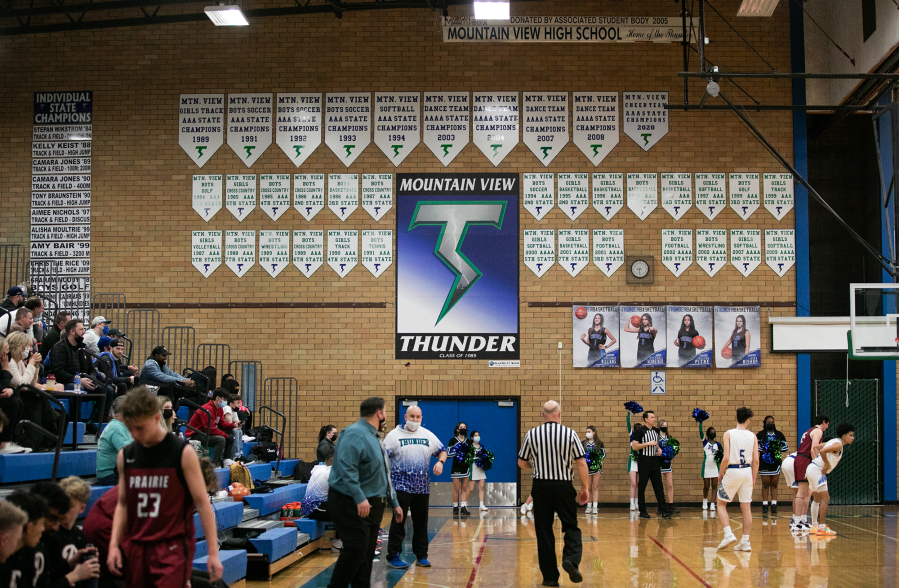 A collection of banners commemorate the past successes of teams in the Mountain View gym during a boys basketball game on Friday, January 28, 2022. This is the final basketball season that will be played in the schools original gym.