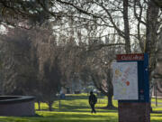 A student strolls through campus at Clark College on a sunny, chilly winter morning Friday. Following a pattern of higher education across the country, Clark's student enrollment has seen a dramatic decline since the onset of the COVID-19 pandemic.