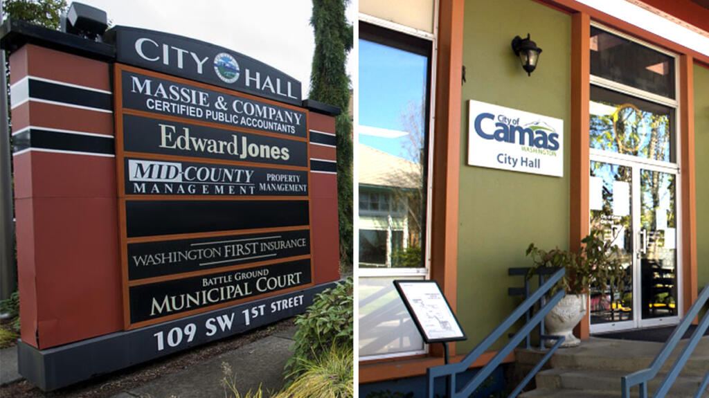 Battle Ground City Hall, left, and Camas City Hall.