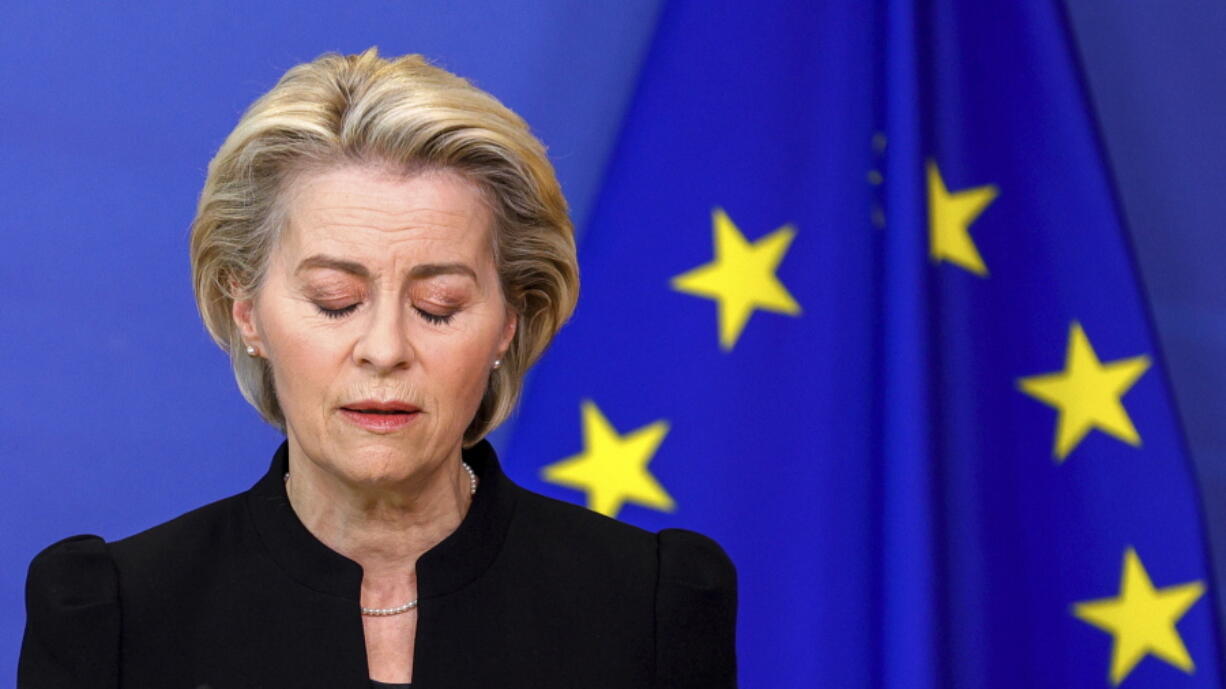 European Commission President Ursula von der Leyen prepares to make a statement, regarding the death of European Parliament President David Sassoli, at EU headquarters in Brussels, Tuesday, Jan. 11, 2022. David Sassoli, the Italian journalist who worked his way up in politics and became president of the European Union's parliament, died at a hospital in Italy early Tuesday, Jan. 11, 2022 his spokesperson said.