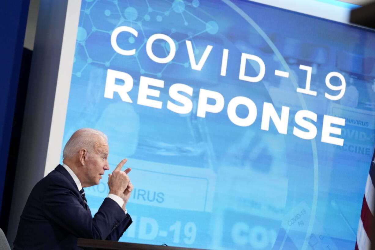 President Joe Biden speaks about the government's COVID-19 response, in the South Court Auditorium in the Eisenhower Executive Office Building on the White House Campus in Washington, Thursday, Jan. 13, 2022.