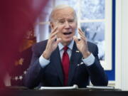 President Joe Biden arrives to meet with the White House COVID-19 Response Team on the latest developments related to the Omicron variant in the South Court Auditorium in the Eisenhower Executive Office Building on the White House Campus in Washington, Tuesday, Jan. 4, 2022.