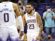 Washington's Terrell Brown Jr. reacts to a call in their favor against California in the second half of an NCAA college basketball game Wednesday, Jan. 12, 2022, in Seattle. Washington won 64-55.