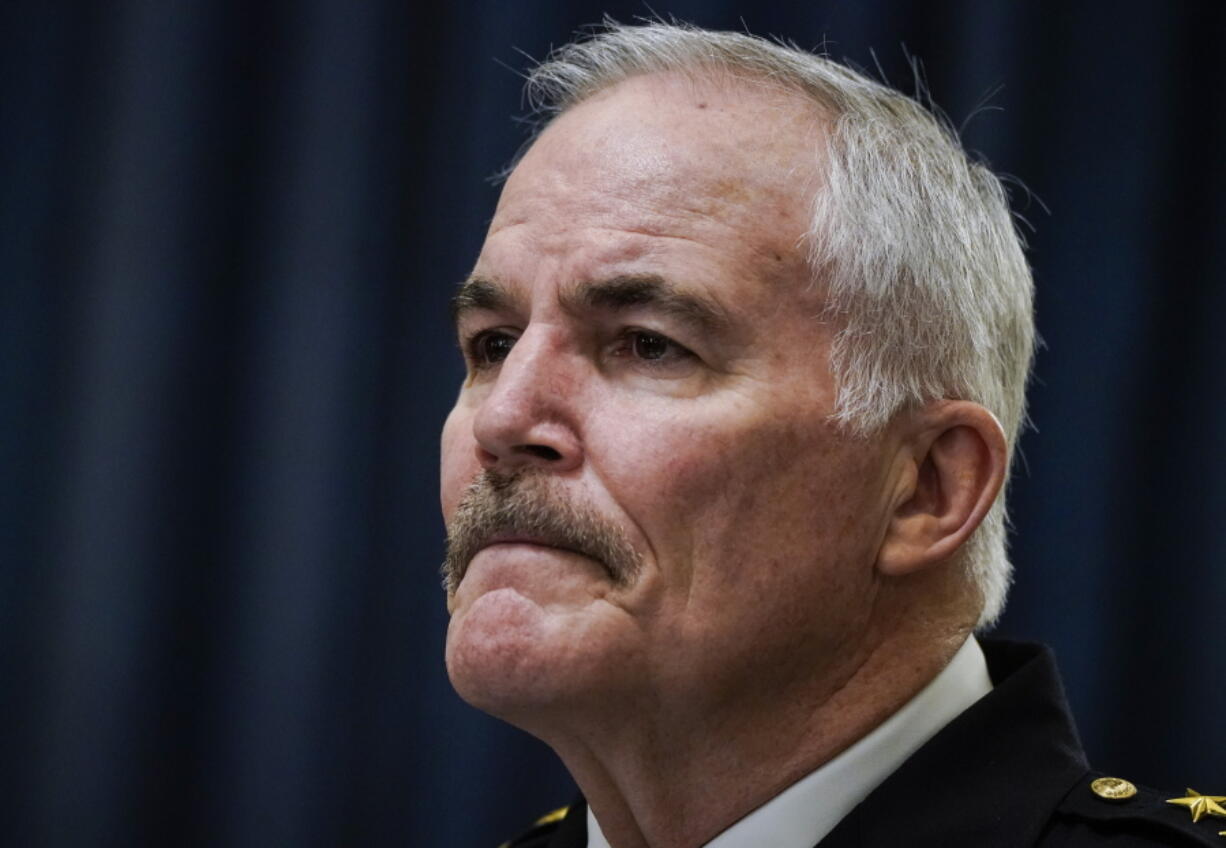 U.S. Capitol Police Chief Tom Manger arrives to testify before a Senate Rules and Administration Committee oversight hearing to examine the U.S. Capitol Police following the January 6, 2021 attack on the Capitol, Wednesday,  Jan. 5, 2022 on Capitol Hill in Washington.