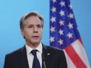 US Secretary of State Antony Blinken speaks to the media after talks with the foreign ministers of Great Britain, Germany and France at the Federal Foreign Office in Berlin, Germany, Thursday, Jan.20, 2022.