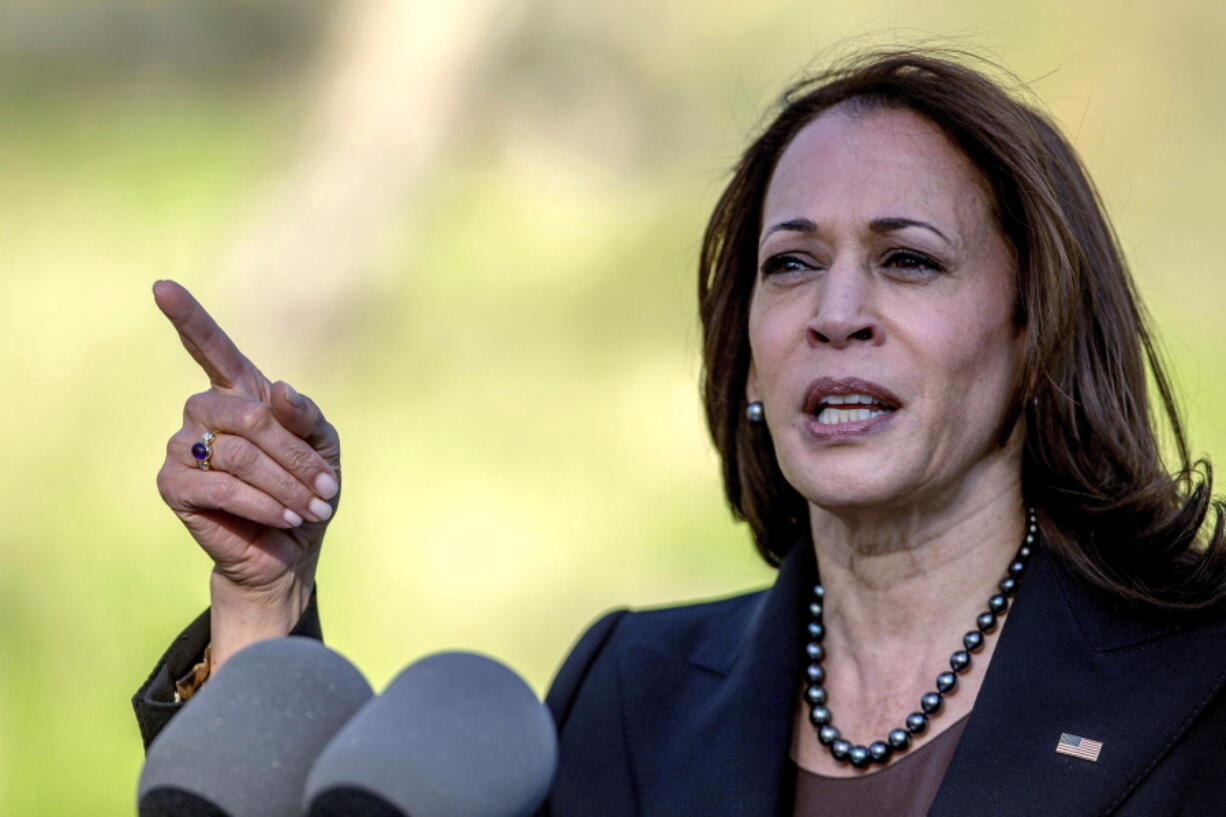 Vice President Kamala Harris speaks while touring a Forest Service Del Rosa Fire Station to promote wildfire fighting money included in the infrastructure bill passed last November Friday, Jan. 21, 2022 in San Bernardino, Calif.