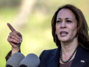 Vice President Kamala Harris speaks while touring a Forest Service Del Rosa Fire Station to promote wildfire fighting money included in the infrastructure bill passed last November Friday, Jan. 21, 2022 in San Bernardino, Calif.