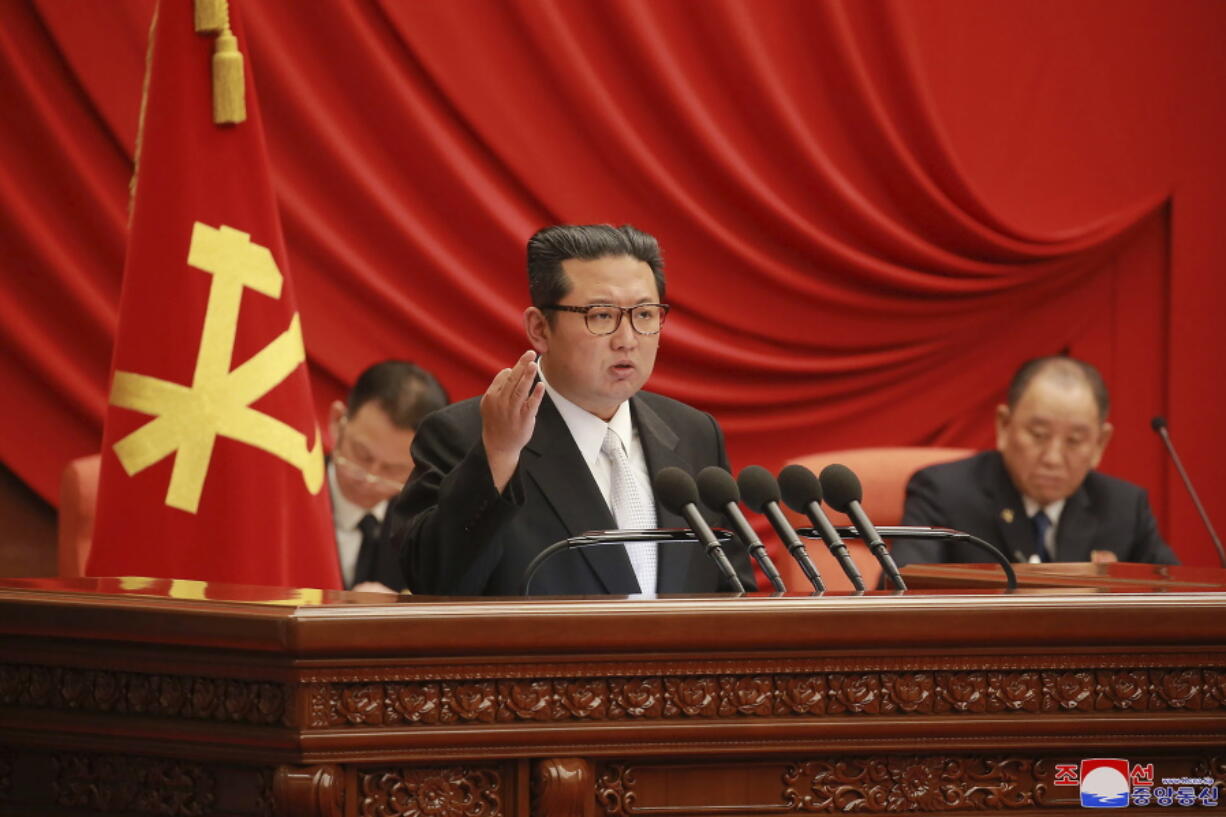 In this photo taken during Dec. 27 - Dec. 31, 2021 and provided on Saturday, Jan. 1, 2022 by the North Korean government, North Korean leader Kim Jong Un, center, attends a meeting of the Central Committee of the ruling Workers' Party in Pyongyang, North Korea. Independent journalists were not given access to cover the event depicted in this image distributed by the North Korean government. The content of this image is as provided and cannot be independently verified. Korean language watermark on image as provided by source reads: "KCNA" which is the abbreviation for Korean Central News Agency.