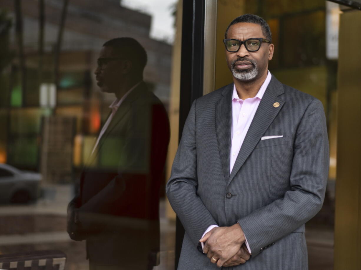 NAACP President Derrick Johnson poses for a photo on Saturday, Jan. 15, 2022, in Los Angeles. The NAACP, the nation's oldest civil rights organization, will soon celebrate its 113th birthday, which its leaderships said comes as it undergoes a restructuring to reflect a membership and leadership that is trending younger. "We had to reinvigorate the organization," national president Derrick Johnson, 54, told The Associated Press in a wide-ranging interview this month.