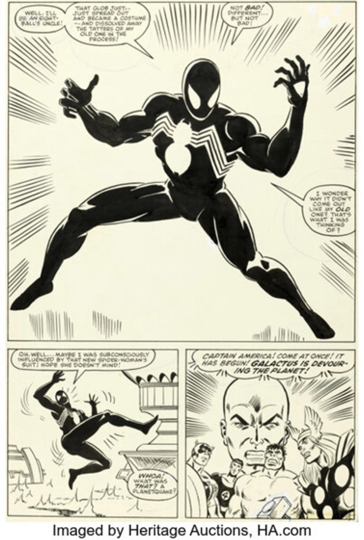 This image provided by Heritage Auctions shows Page 25 from the 1984 Marvel comic Secret Wars No. 8, which tells the origin story of Spider-Man's now-iconic black costume.