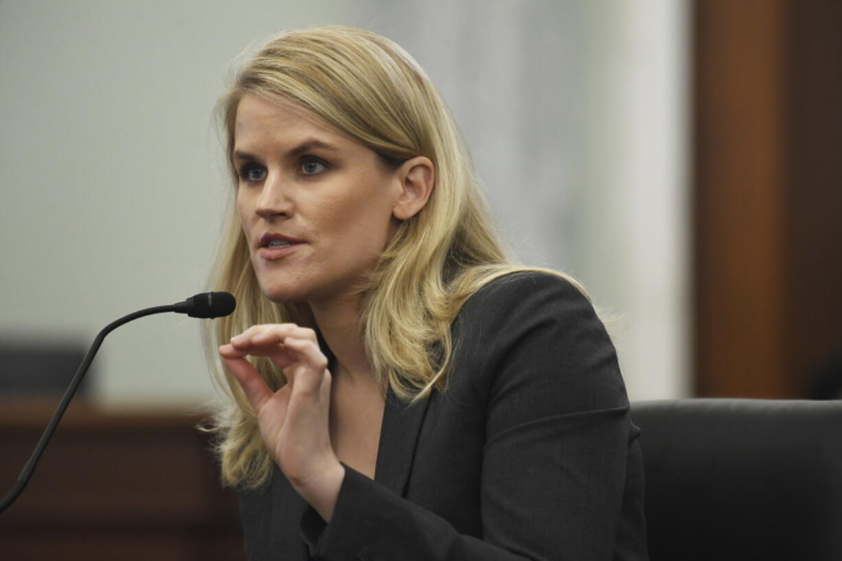 FILE - Former Facebook employee and whistleblower Frances Haugen testifies during a Senate Committee on Commerce, Science, and Transportation hearing on Capitol Hill on Tuesday, Oct. 5, 2021, in Washington. Haugen made a significant mark on the embattled tech industry in 2021.