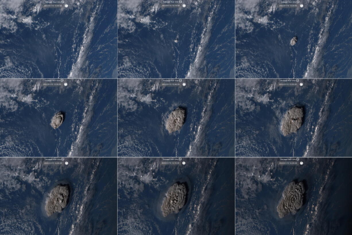 This combination of satellite images taken by Himawari-8, a Japanese weather satellite operated by Japan Meteorological Agency and released by National Institute of Information and Communications Technology (NICT), shows an undersea volcano eruption of the Pacific nation of Tonga Saturday, Jan. 15, 2022.