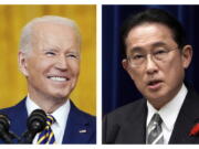 FILE - This combination photo shows U.S. President Joe Biden, left, in Washington on Jan. 19, 2022, and Japanese Prime Minister Fumio Kishida in Tokyo on Oct. 14, 2021. Biden and Kishida are holding their first formal talks on Friday, Jan. 21, 2022, as the two leaders face fresh concerns about North Korea's nuclear program and China's growing military assertiveness. The virtual meeting comes after North Korea earlier this week suggested it might resume nuclear and long-range missile testing that has been paused for more than three years.