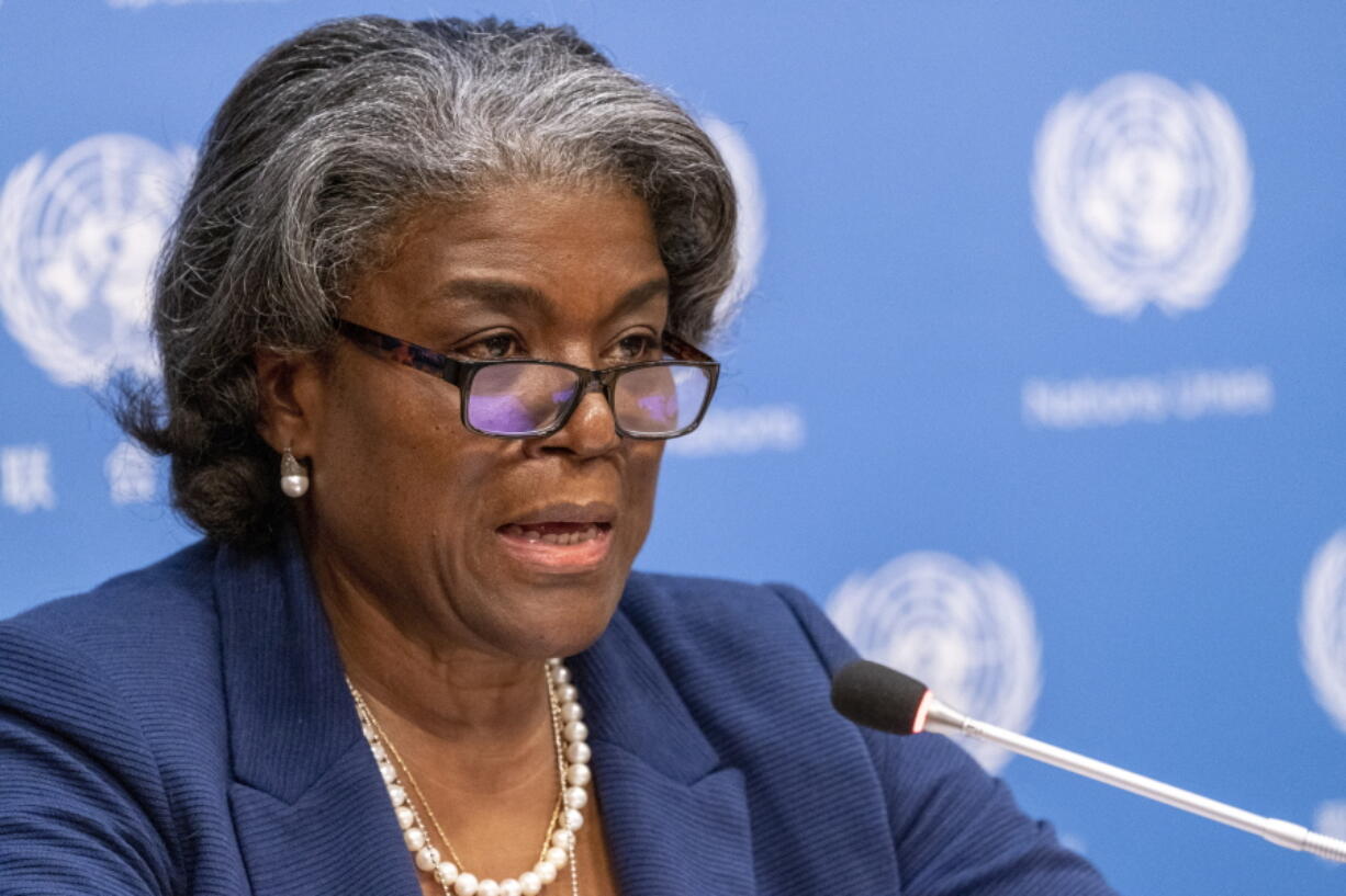 FILE - U.S. Ambassador to the United Nations, Linda Thomas-Greenfield speaks to reporters during a news conference at United Nations headquarters on March 1, 2021.