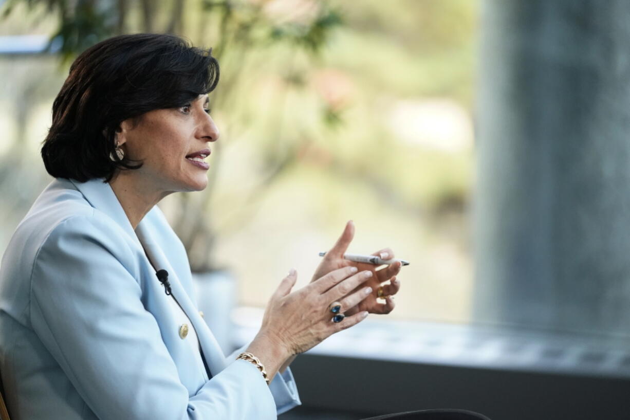 FILE - Dr. Rochelle Walensky, Director of the Centers for Disease Control and Prevention (CDC) speaks during an interview with The Associated Press on Dec. 8, 2021, in Atlanta. One year into Walensky's tenure as director, her bid to make the CDC more agile is being challenged by political pressures, vocal scientists and the changing virus itself.