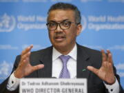 FILE - Tedros Adhanom Ghebreyesus, Director General of the World Health Organization speaks during a news conference on updates regarding on the novel coronavirus COVID-19, at the WHO headquarters in Geneva, Switzerland, on March 9, 2020 . The head of the World Health Organization is warning that conditions remain ideal for more coronavirus variants to emerge and says it's dangerous to assume omicron is the last one or that "we are in the endgame." Tedros Adhanom Ghebreyesus also says the acute phase of the pandemic could still end this year -- if some key targets are met.