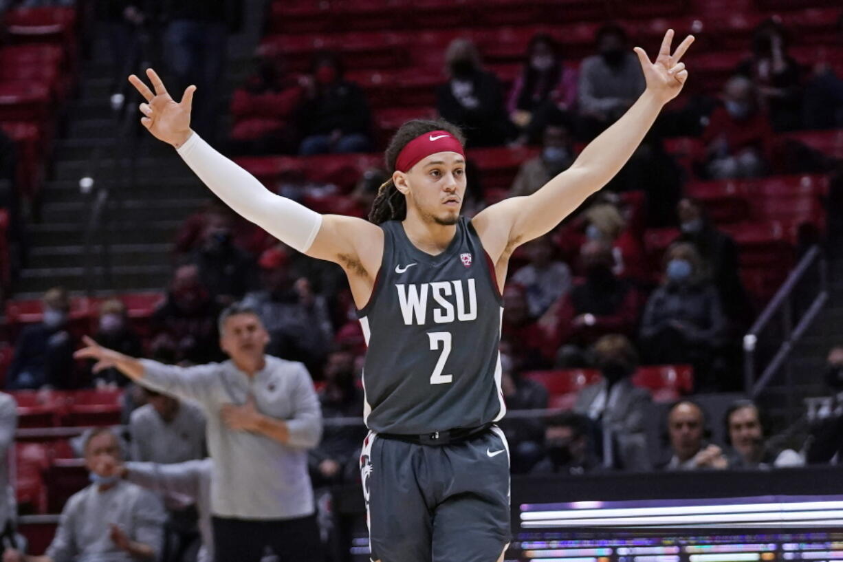 Washington State guard Tyrell Roberts reacts during the second half of the team's NCAA college basketball game against Utah on Saturday, Jan. 8, 2022, in Salt Lake City.