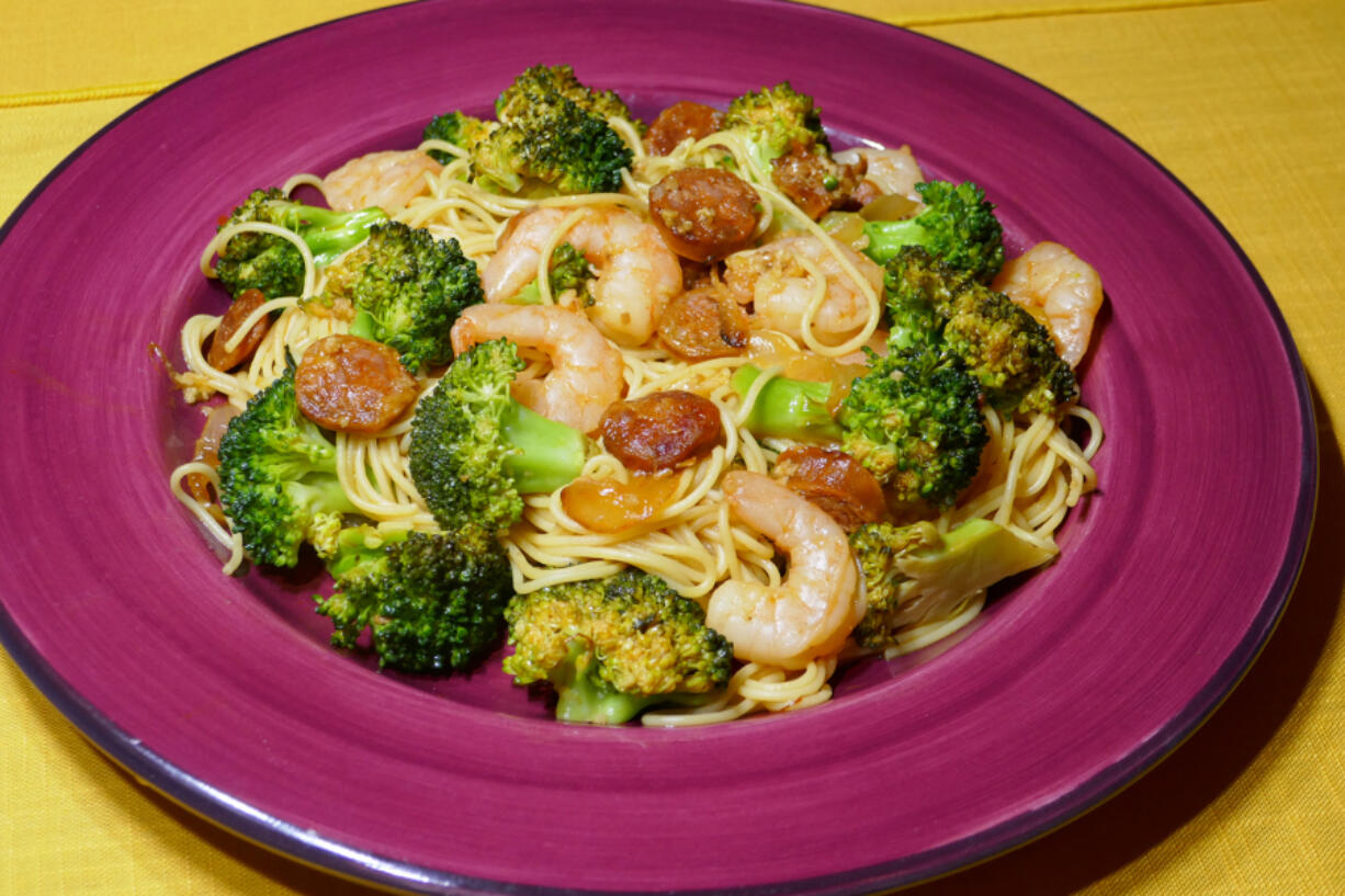 Portuguese pasta with chorizo and shrimp.