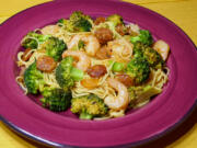 Portuguese pasta with chorizo and shrimp.