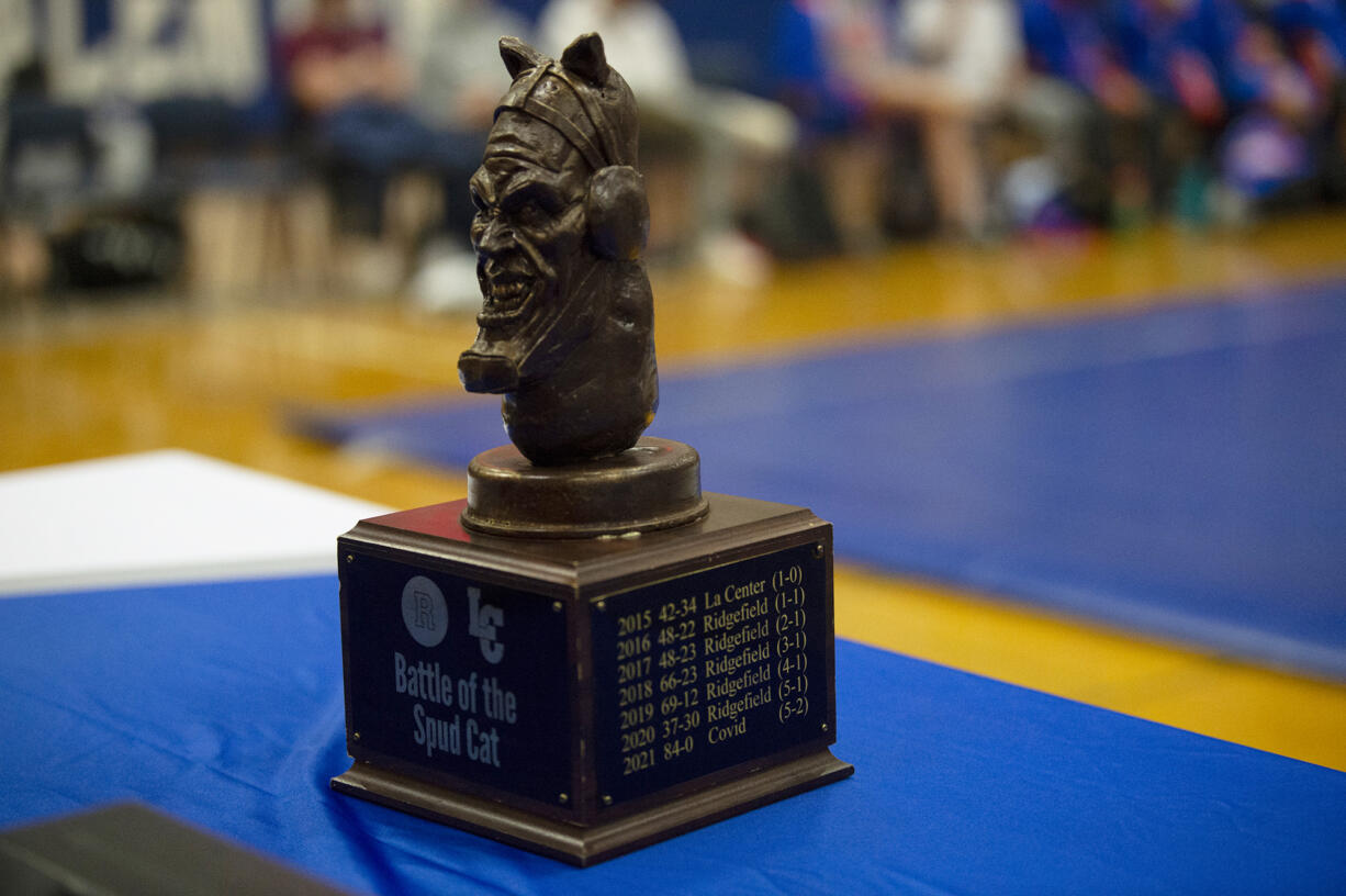 The SpudCat Trophy sits on display at the Ridgefield-La Center wrestling match on Thursday, Jan. 27, 2022.