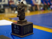 The SpudCat Trophy sits on display at the Ridgefield-La Center wrestling match on Thursday, Jan. 27, 2022.
