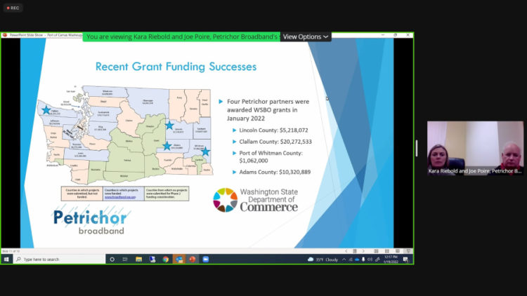 Petrichor Broadband representatives Kara Riebold and Joe Poire (right) show an illustration of their company's recent grant successes during a virtual Port of Camas-Washougal Board of Commissioners meeting held on Zoom on Wednesday, Jan. 19, 2022.