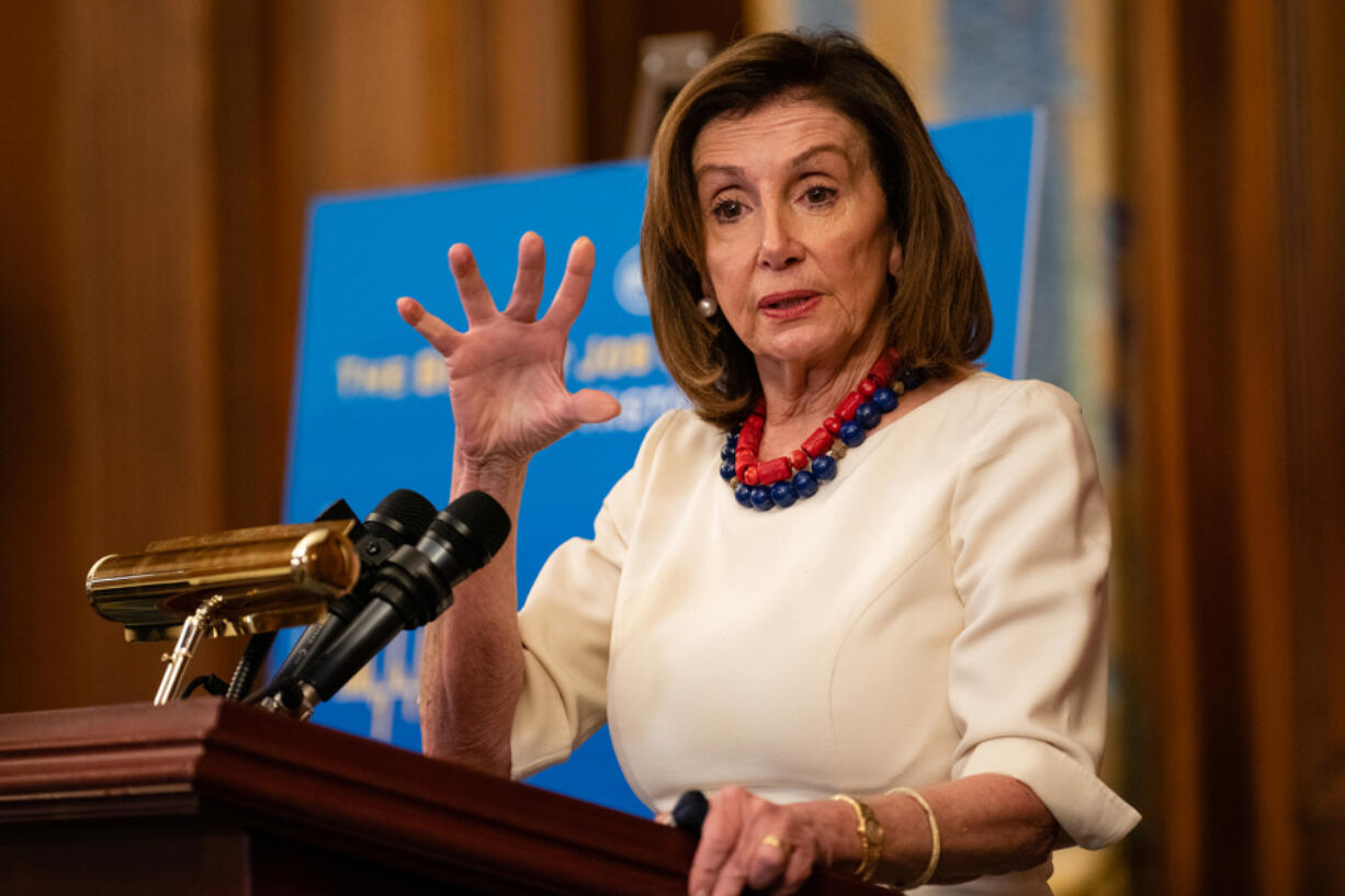 Speaker of the House Nancy Pelosi talks to reporters during her weekly news conference on Capitol Hill on Jan. 20, 2022, in Washington, D.C.