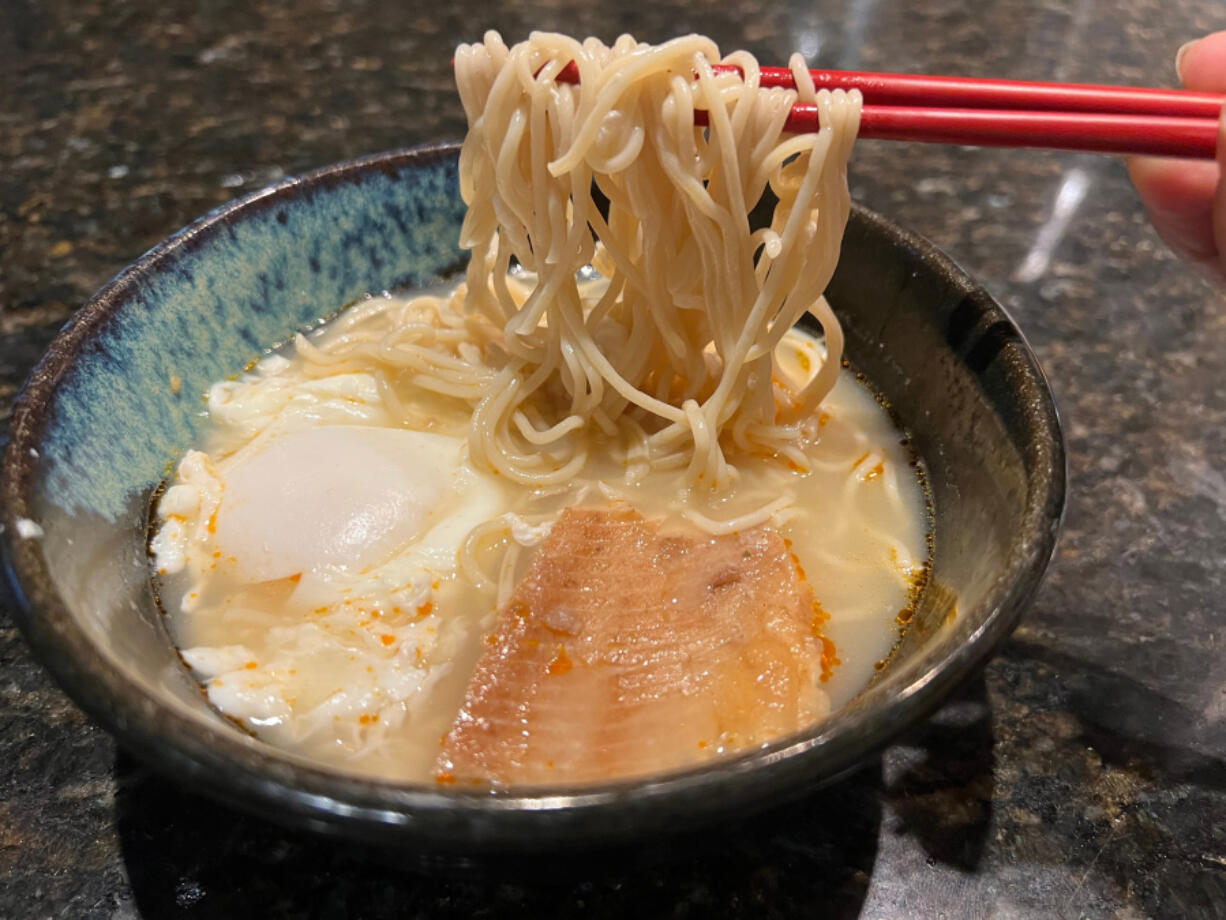 Almost-instant spicy sesame miso ramen with smoked trout and egg.