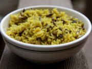 Mushroom rice with turmeric, an easy vegetable side dish, shown on Wednesday, Jan. 19, 2022. (Hillary Levin/St. Louis Post-Dispatch/TNS) (Hillary Levin/St.